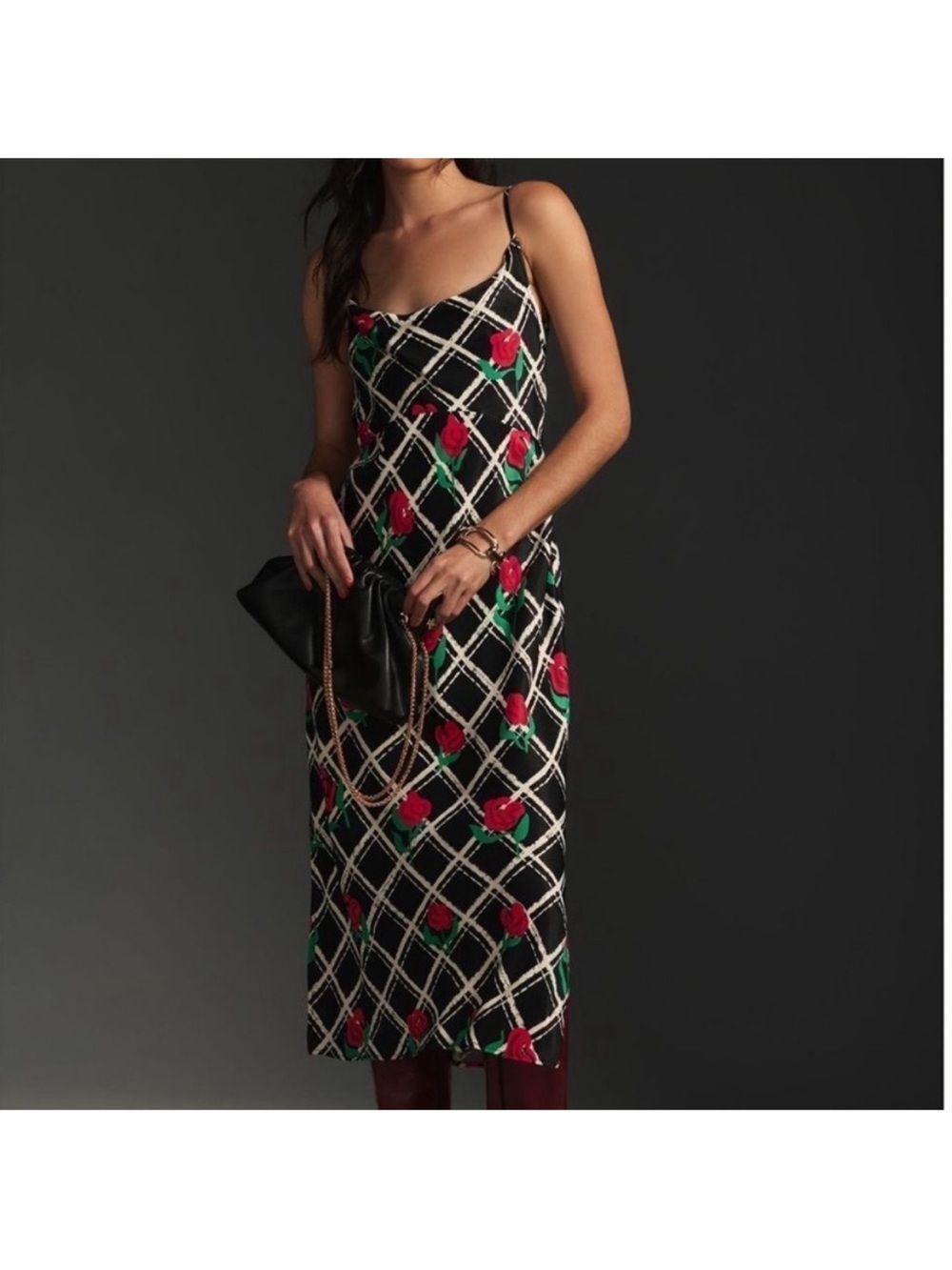 Anthropologie Black Slip Midi Dress with Red Rose & White Lattice